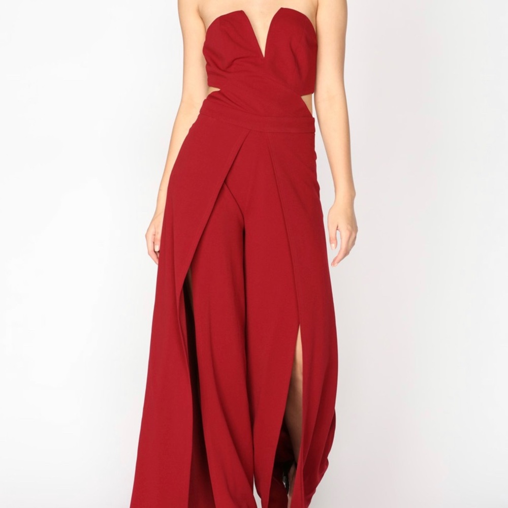 Red cutout slit jumpsuit wired v-neck